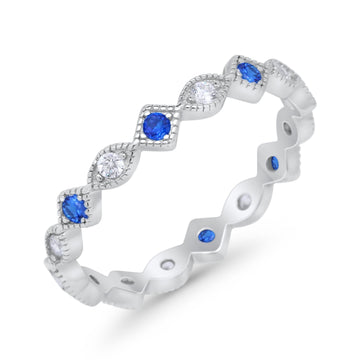 Full Eternity Wedding Band Ring Marquise Round  Simulated Blue Sapphire CZ 925 Sterling Silver
